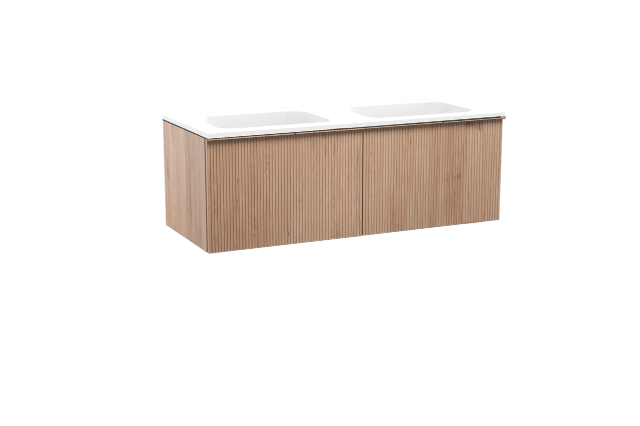 Balmani Forma zwevend badkamermeubel 135 x 55 cm natuur eik met Tablo Strada dubbele wastafel in composietmarmer mat wit, Verticale symmetrische rechte ribbel