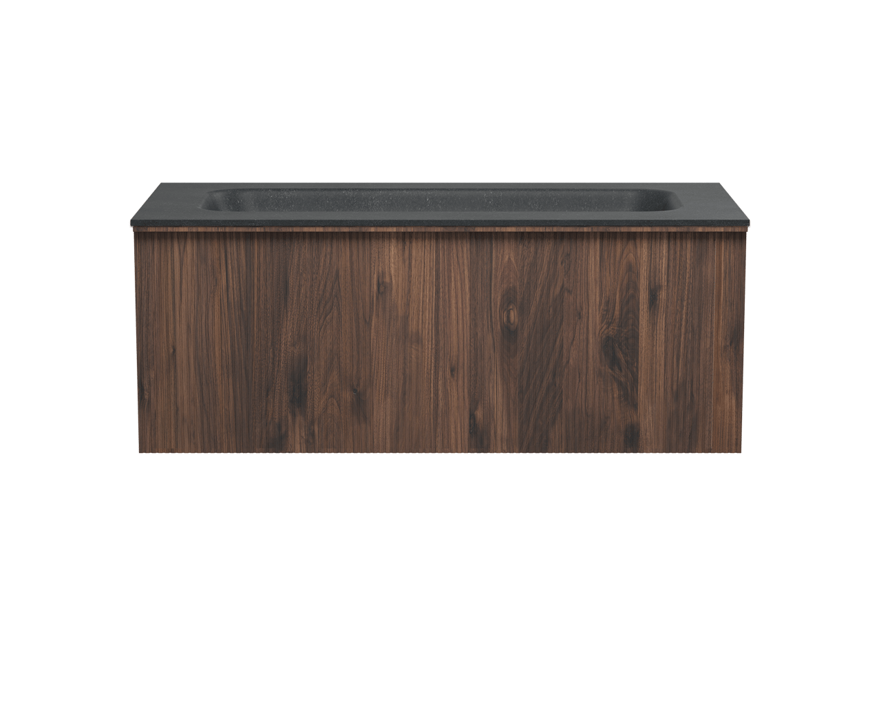 Balmani Forma meuble salle de bains suspendu 120 x 55 cm noyer américain avec Tablo Arcato lavabo simple pour 2 trous de robinet en granit noir, Nervure droite symétrique verticale