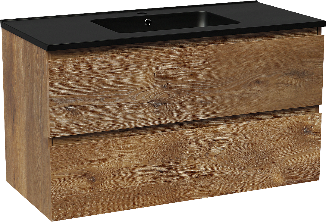 Linie Lado hängendes Möbelstück Set: 100 x 46 cm, Braune Eiche, mit Vano Einzelwaschtisch, Marmorkomposit Schwarz matt