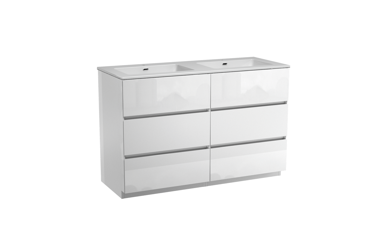 Storke Edge meuble salle de bains à poser 130 x 52 cm blanc brillant avec Diva double vasque en marbre composite blanc brillant