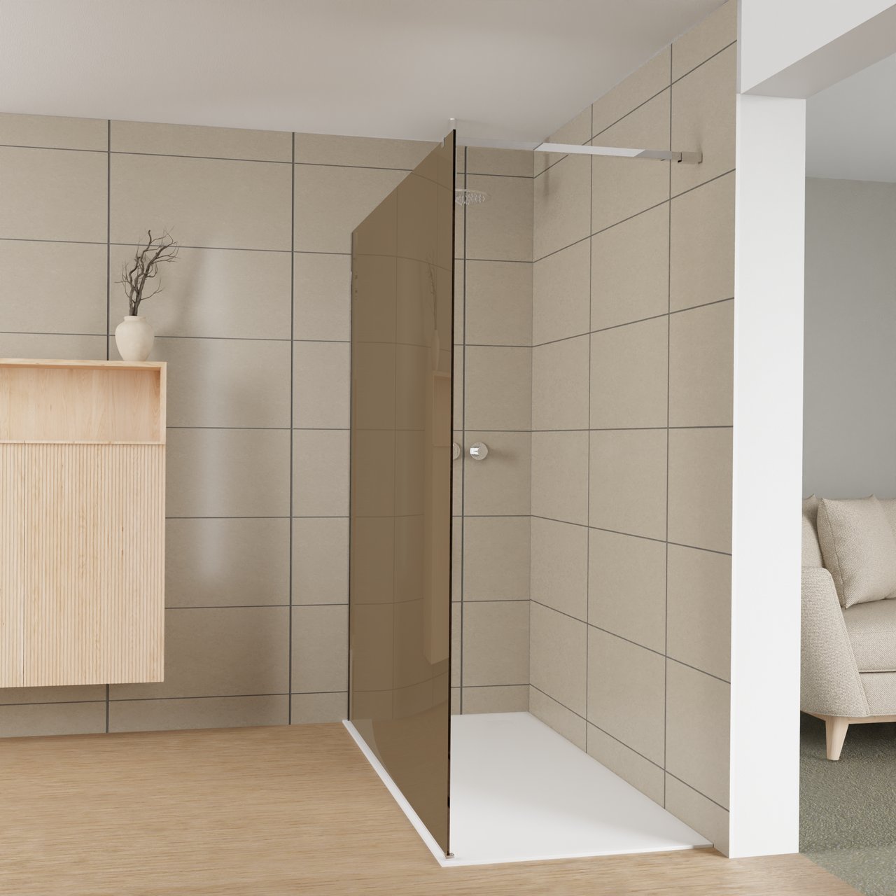 Balmani Modular Walk-In Dusche: 180 x 200 cm, Bronze Glas, inklusive Coating, Profil Chrom glänzend