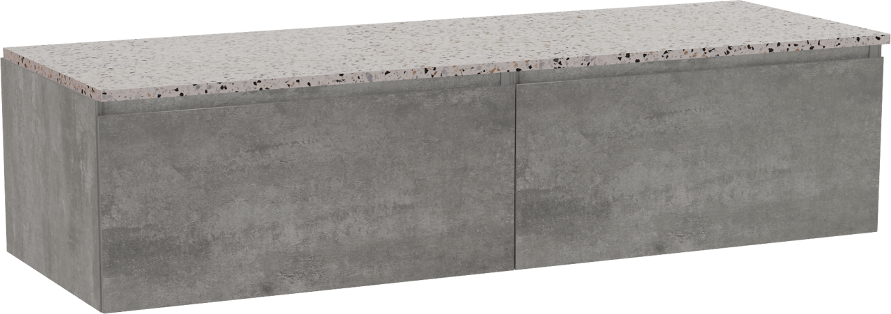 Storke Edge zwevend badkamermeubel 150 x 52 cm beton donkergrijs met Tavola enkel of dubbel tablet in mat wit/zwart terrazzo