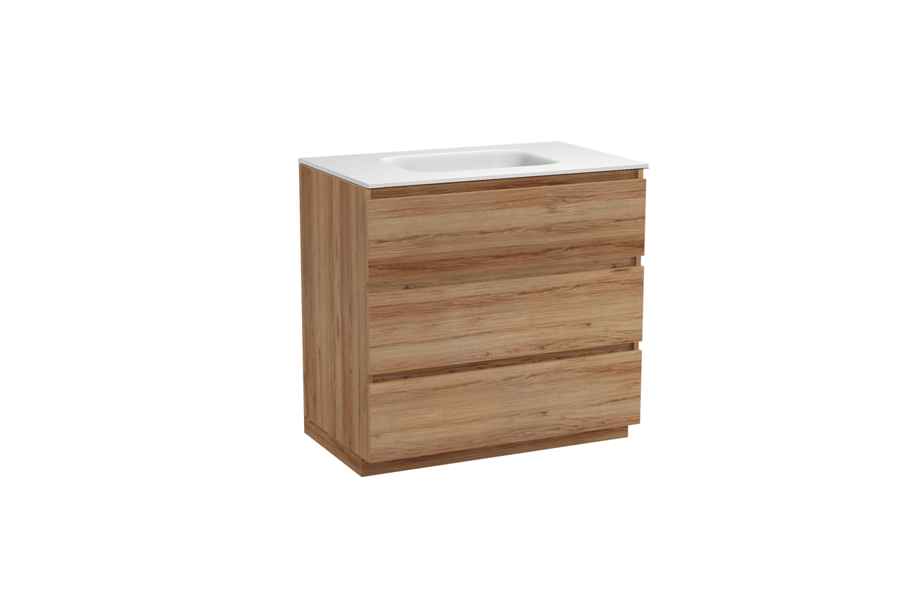 Balmani Lucida meuble salle de bains à poser 90 x 55 cm teck avec Tablo Arcato plan simple en solid surface blanc mat