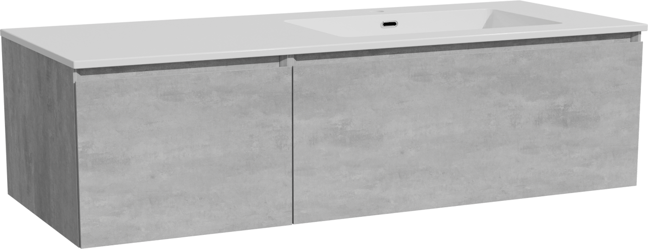 Storke Edge meuble salle de bains suspendu 130 x 52 cm béton gris foncé avec Diva vasque asymétrique droite en marbre composite blanc brillant