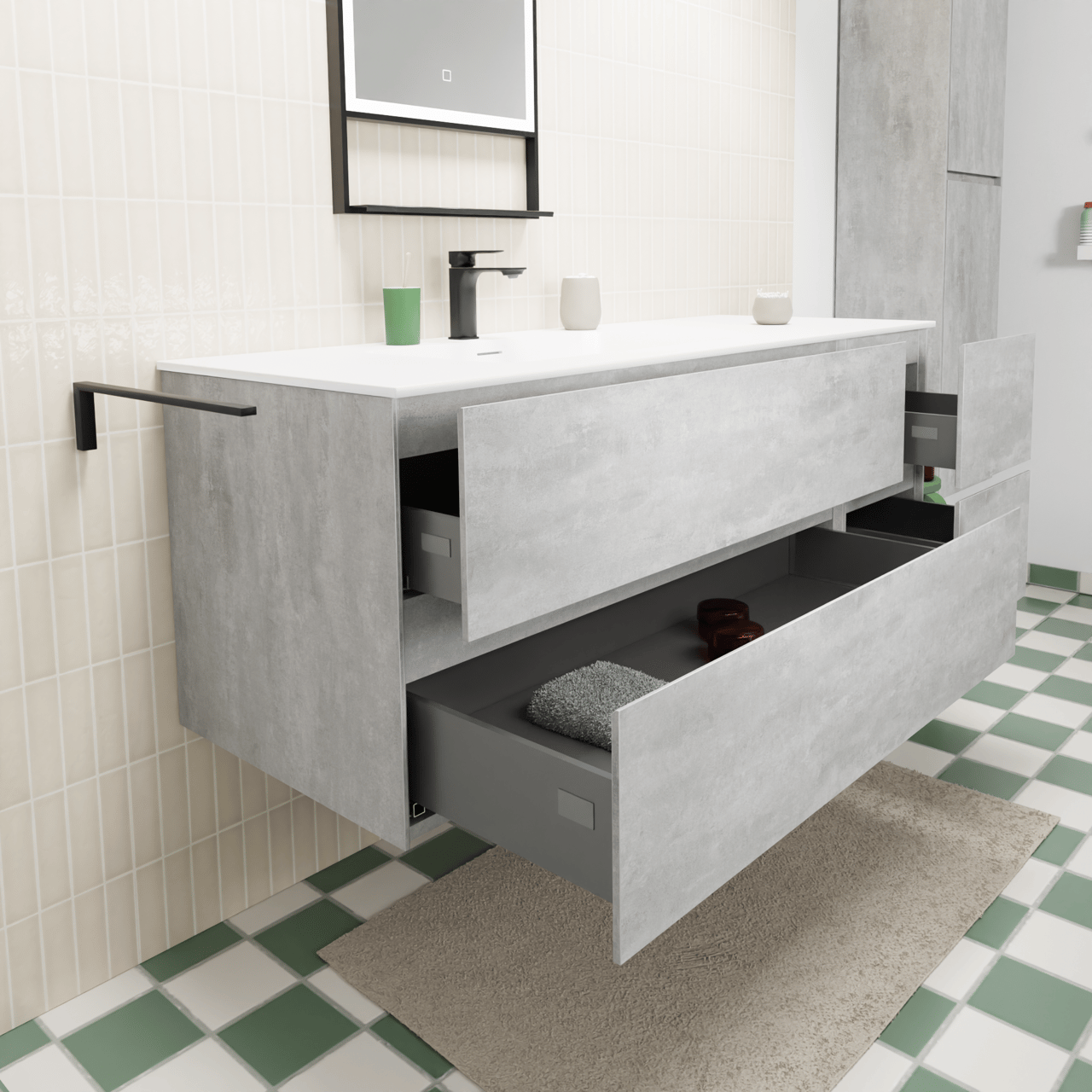 Storke Edge zwevend badmeubel 140 x 52 cm beton donkergrijs met Mata asymmetrisch linkse wastafel in solid surface mat wit