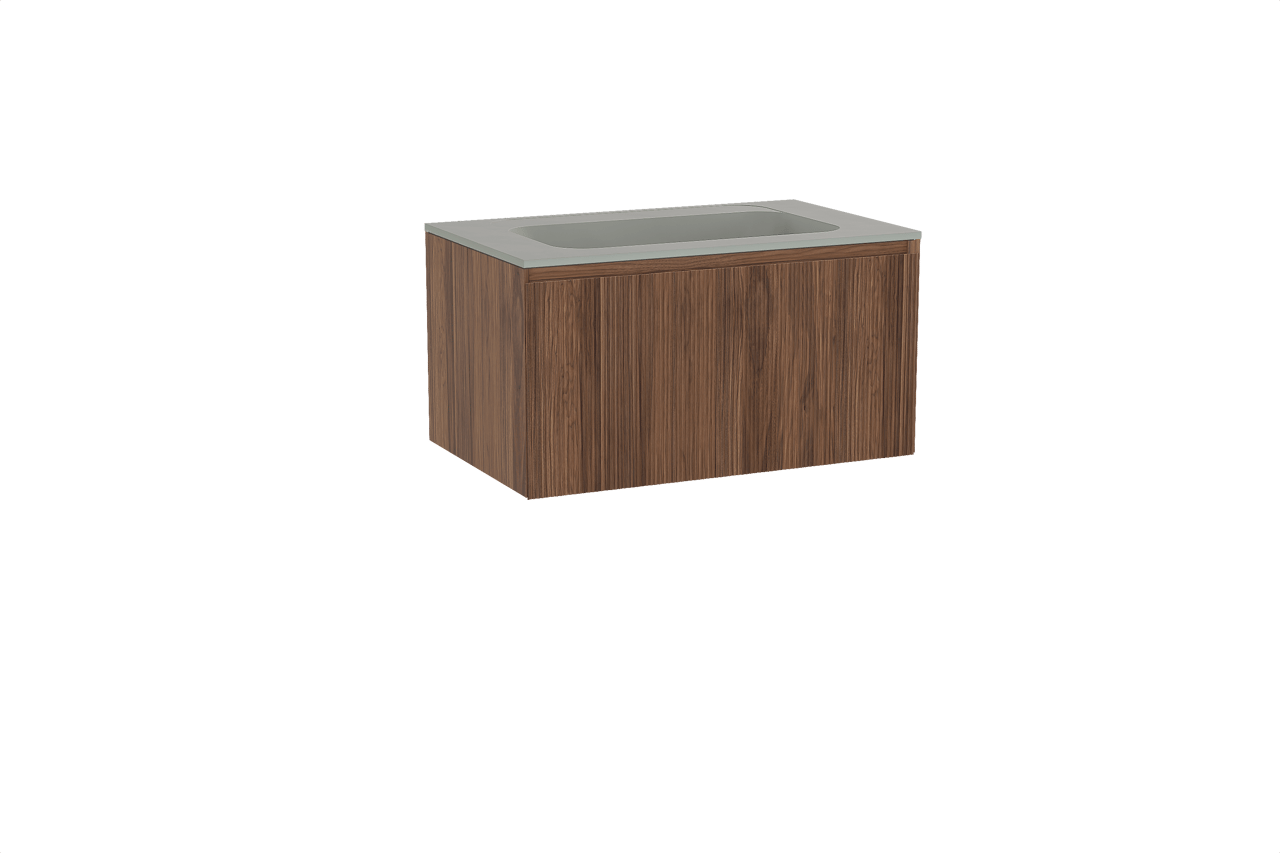 Balmani Fila meuble salle de bains suspendu 90 x 55 cm noyer avec Tablo Strada plan simple en marbre composite soie grise, Nervure droite symétrique verticale