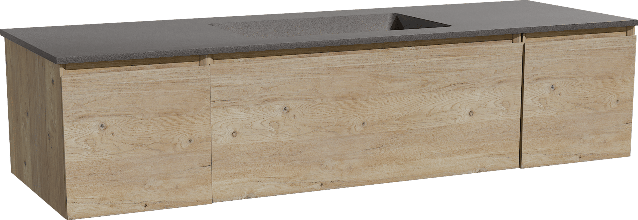 Storke Edge zwevend badmeubel 155 x 52 cm ruw eiken met Scuro enkele wastafel in kwarts mat zwart