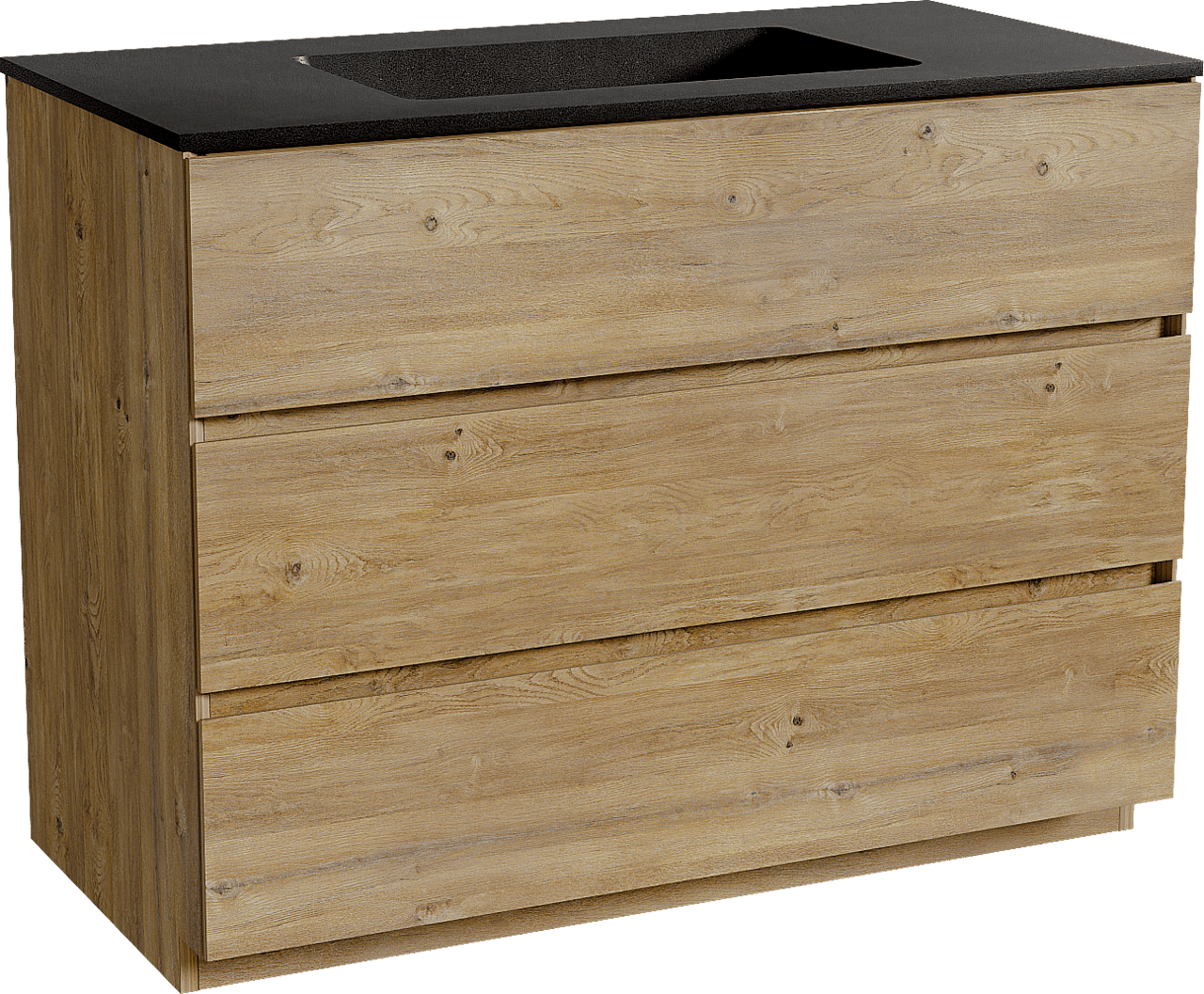 Storke Edge freistehendes Möbelstück Set: 105 x 52 cm, Rohe Eiche, mit Scuro Einzelwaschtisch, Quarz Schwarz matt