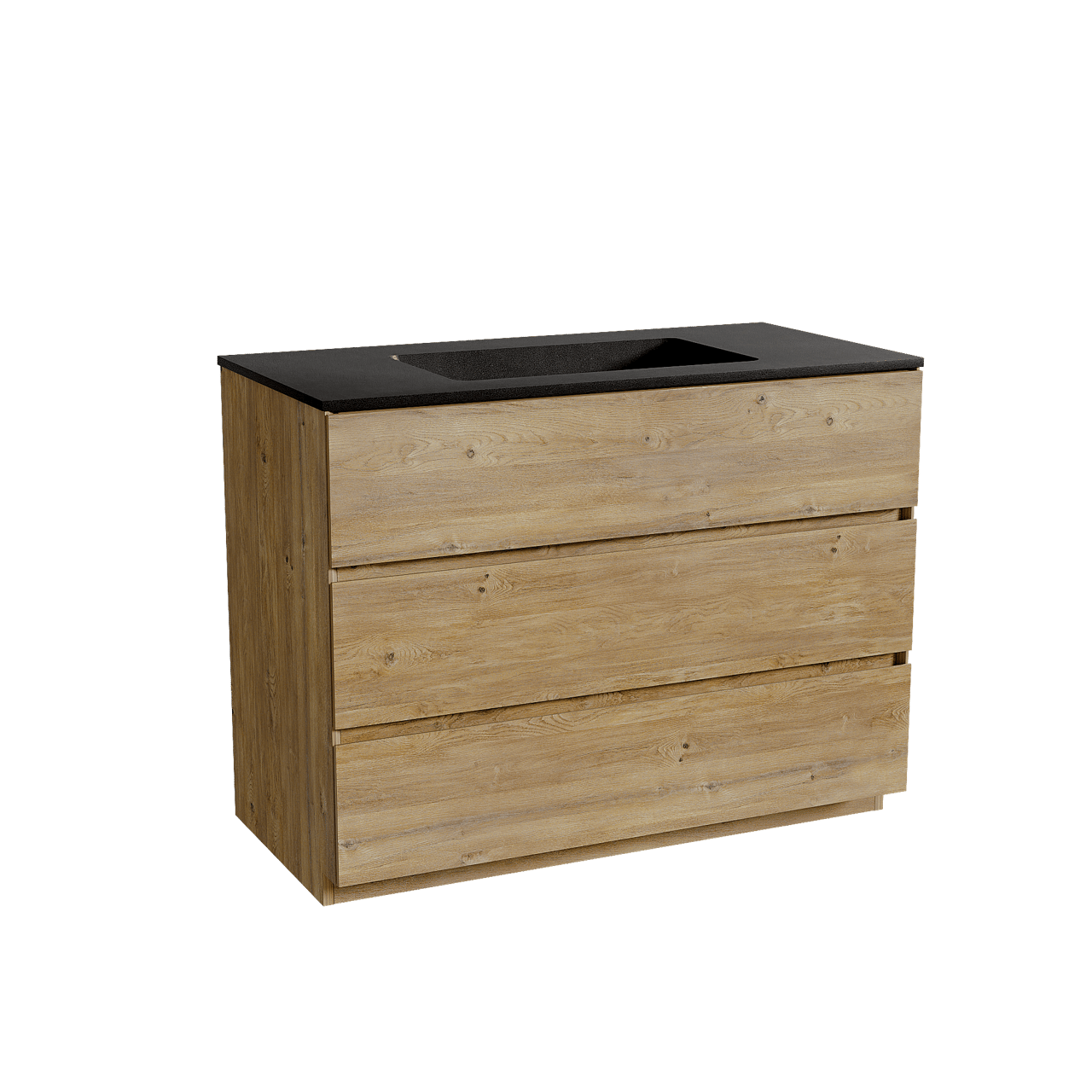 Storke Edge freistehendes Möbelstück Set: 105 x 52 cm, Rohe Eiche, mit Scuro Einzelwaschtisch, Quarz Schwarz matt