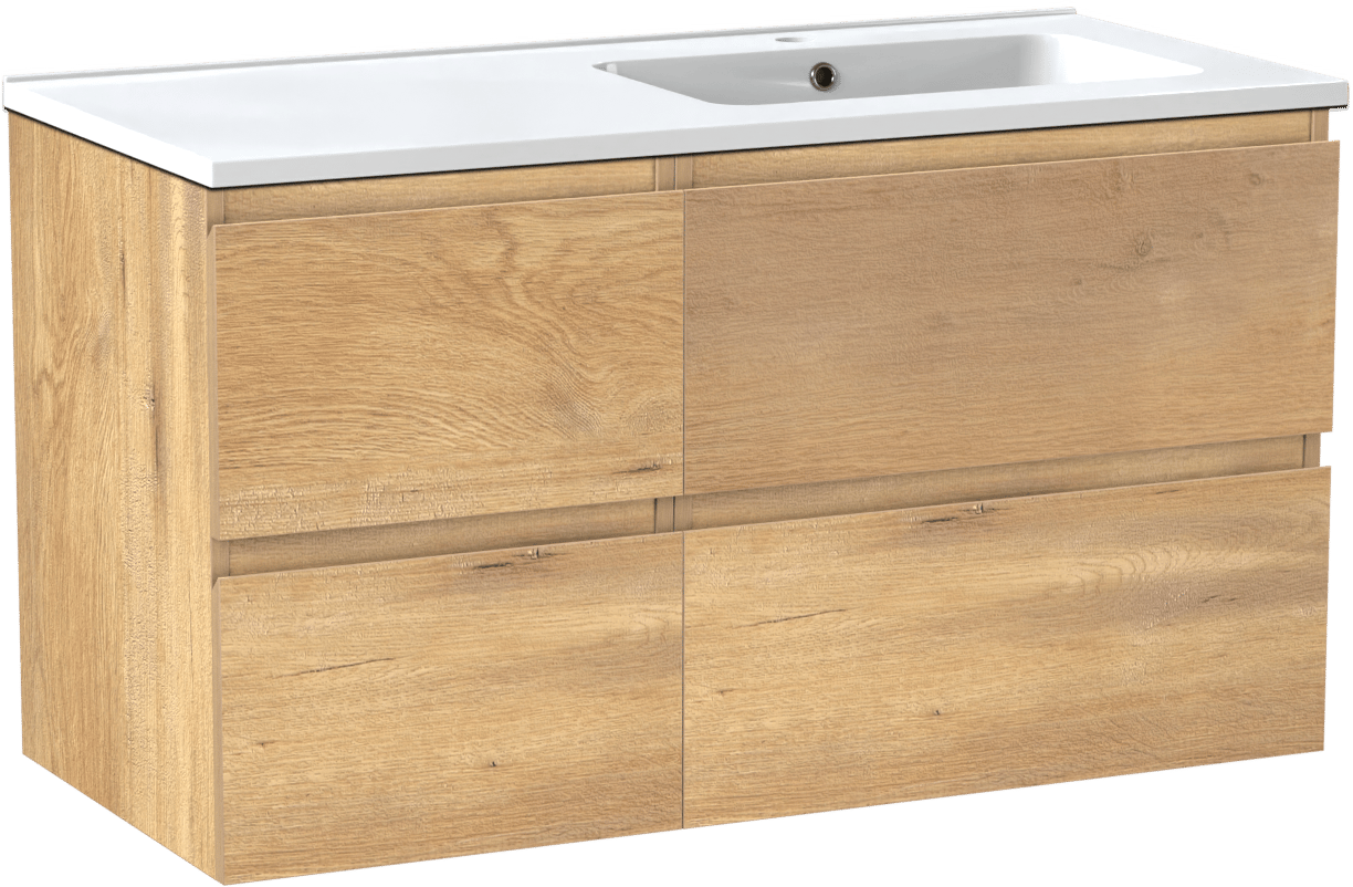 Linie Lado meuble salle de bains suspendu 100 x 46 cm chêne naturel avec Vano vasque asymétrique droite en marbre composite blanc brillant