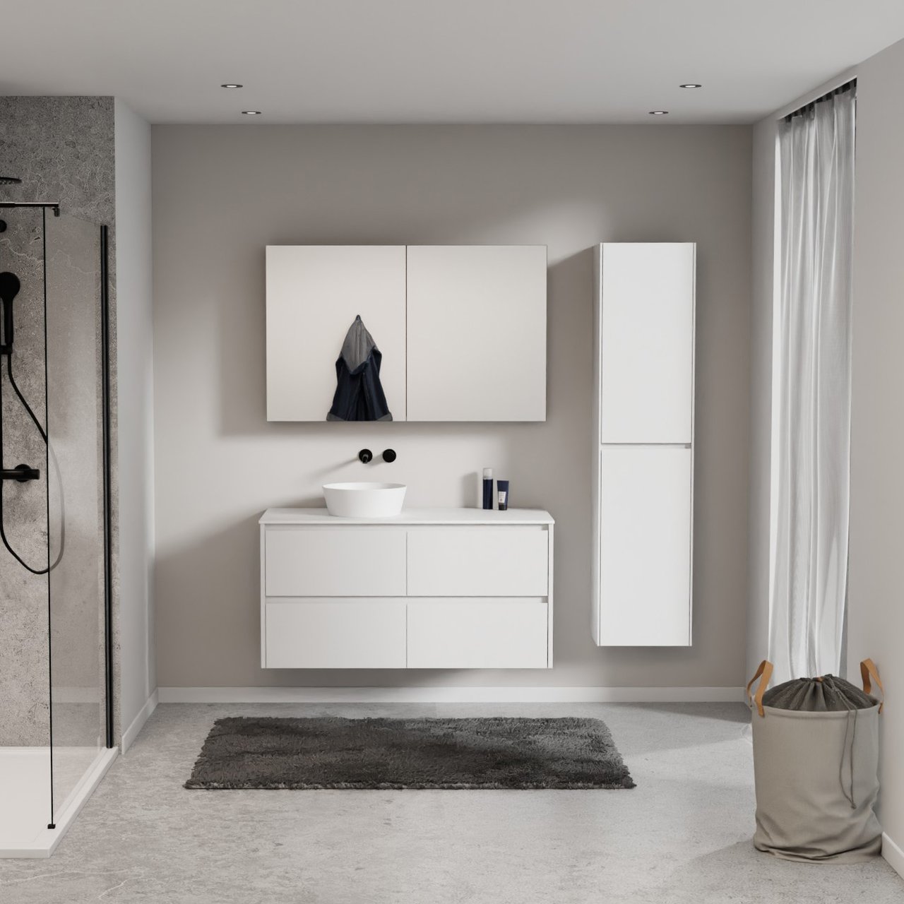 Storke Seda meuble salle de bains suspendu 120 x 52 cm blanc mat avec Tavola tablette simple ou double en solid surface blanc mat