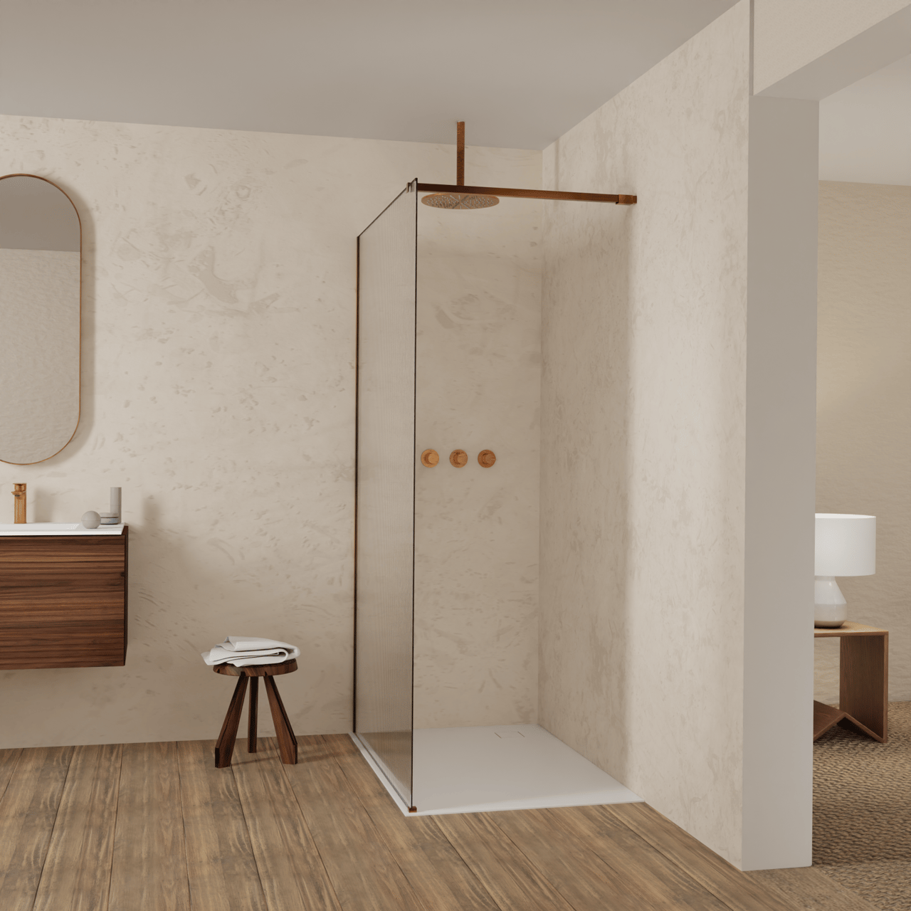 Balmani Modular Walk-In Dusche: 120 x 200 cm, Ribs, inklusive Coating, Profil Brushed Rosegold