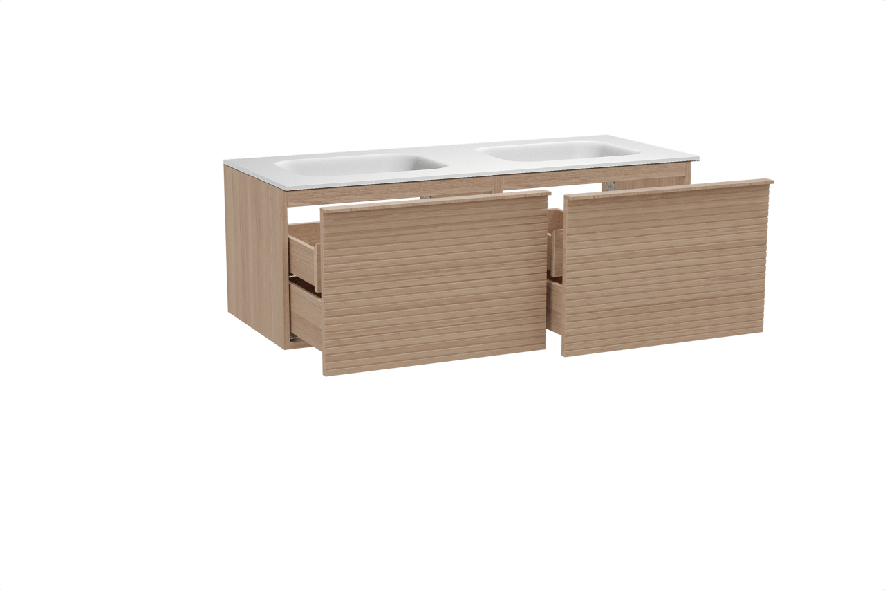 Balmani Forma zwevend badkamermeubel 135 x 55 cm natuur eik met Tablo Arcato dubbele wastafel in solid surface mat wit, Horizontale symmetrische rechte ribbel