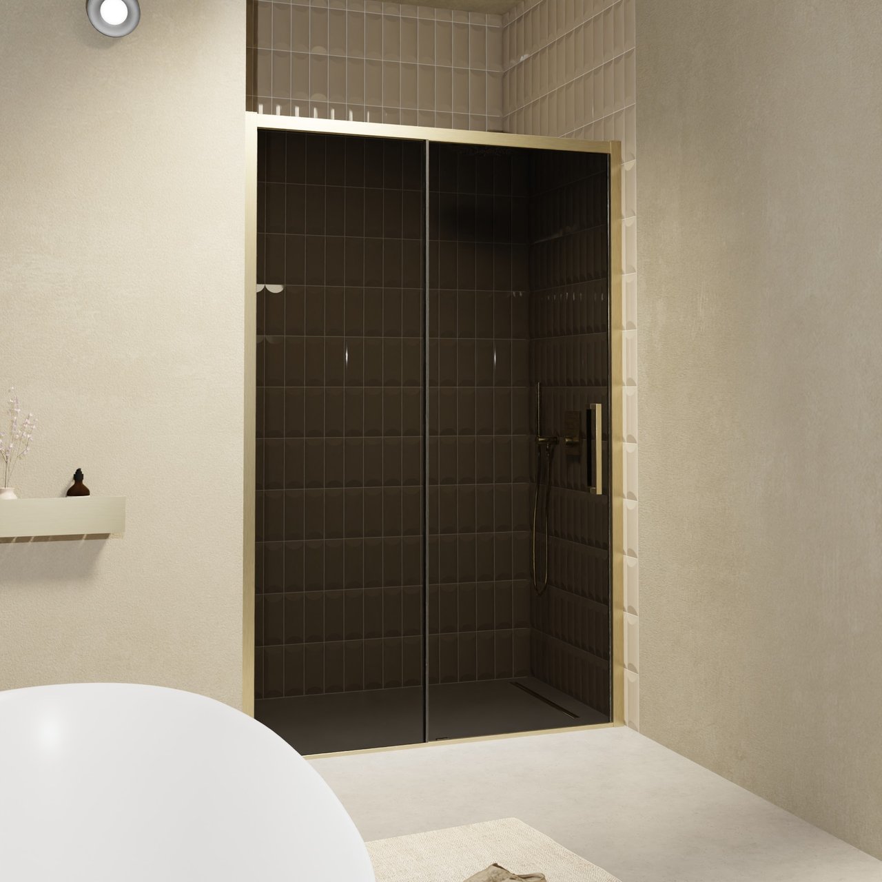 Balmani Senses Design douche schuifdeur omkeerbaar 140 cm x 210 cm Rookglas, Brushed Champagne Gold profielen