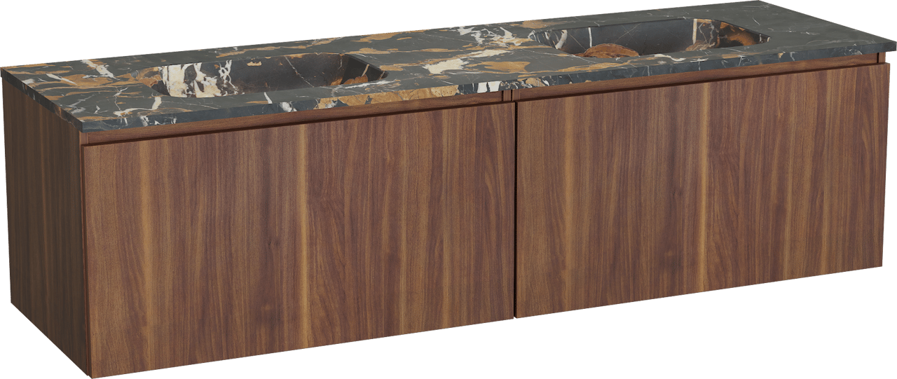 Balmani Sfera zwevend badmeubel 180 x 55 cm amerikaans notenhout met Tablo Arcato dubbele wastafel in marmer portoro gold