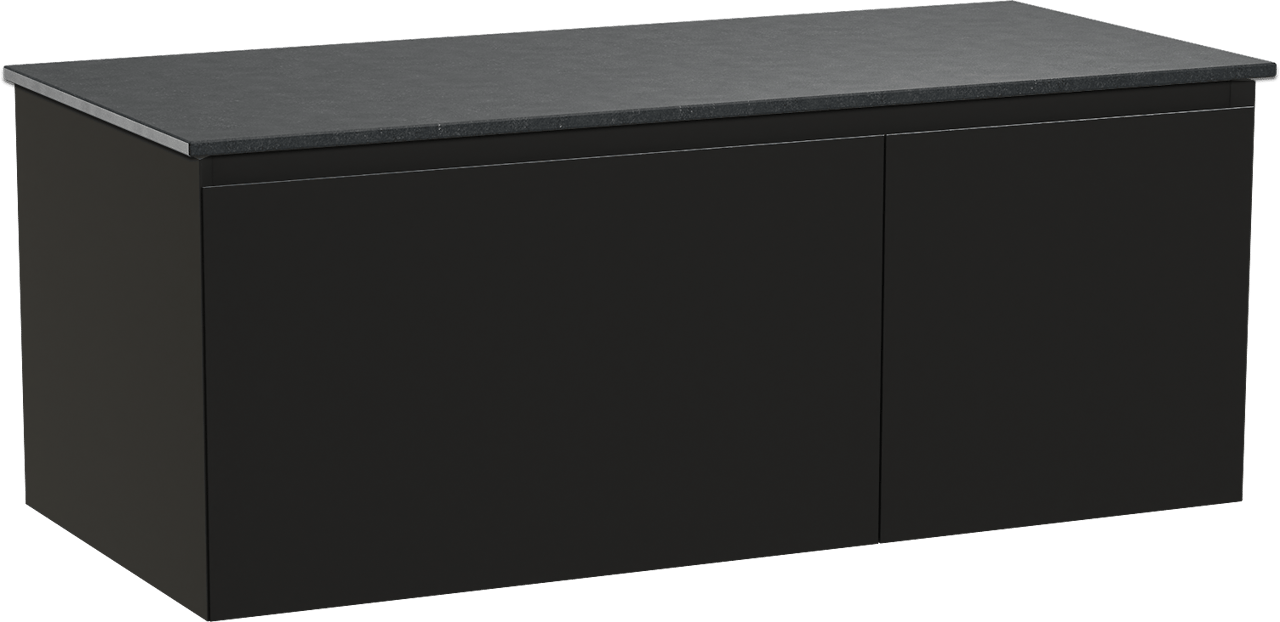 Balmani Idra hängendes Möbelstück Set: 120 x 55 cm, Schwarz matt, mit Stretto Einzel Waschtischplatte, Schwarzes Granit