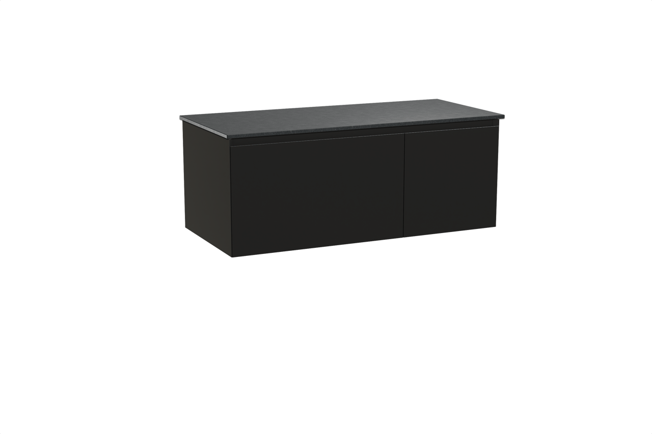 Balmani Idra hängendes Möbelstück Set: 120 x 55 cm, Schwarz matt, mit Stretto Einzel Waschtischplatte, Schwarzes Granit
