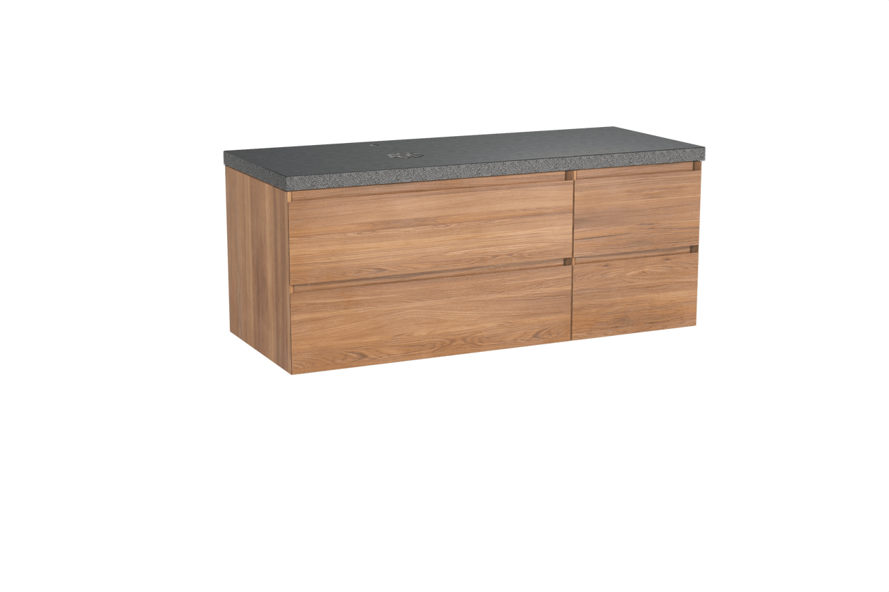 Balmani Mitra hängendes Möbelstück Set: 135 x 55 cm, Teak, mit Rock Waschtisch links, Schwarzes Granit