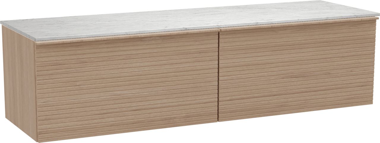 Balmani Forma zwevend badkamermeubel 180 x 55 cm natuur eik met Stretto enkel of dubbel tablet in marmer carrara, Horizontale symmetrische rechte ribbel