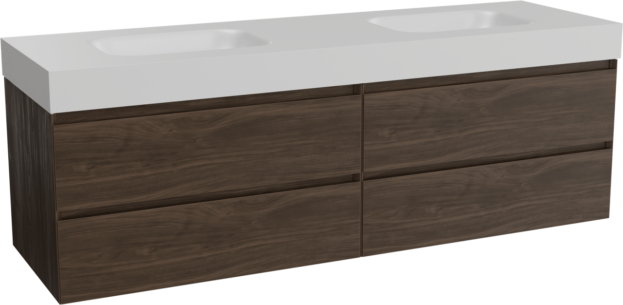 Balmani Mitra hängendes Möbelstück Set: 180 x 55 cm, Amerikanischer Nussbaum, mit Arcato Doppelwaschtisch, Solid Surface Weiß matt