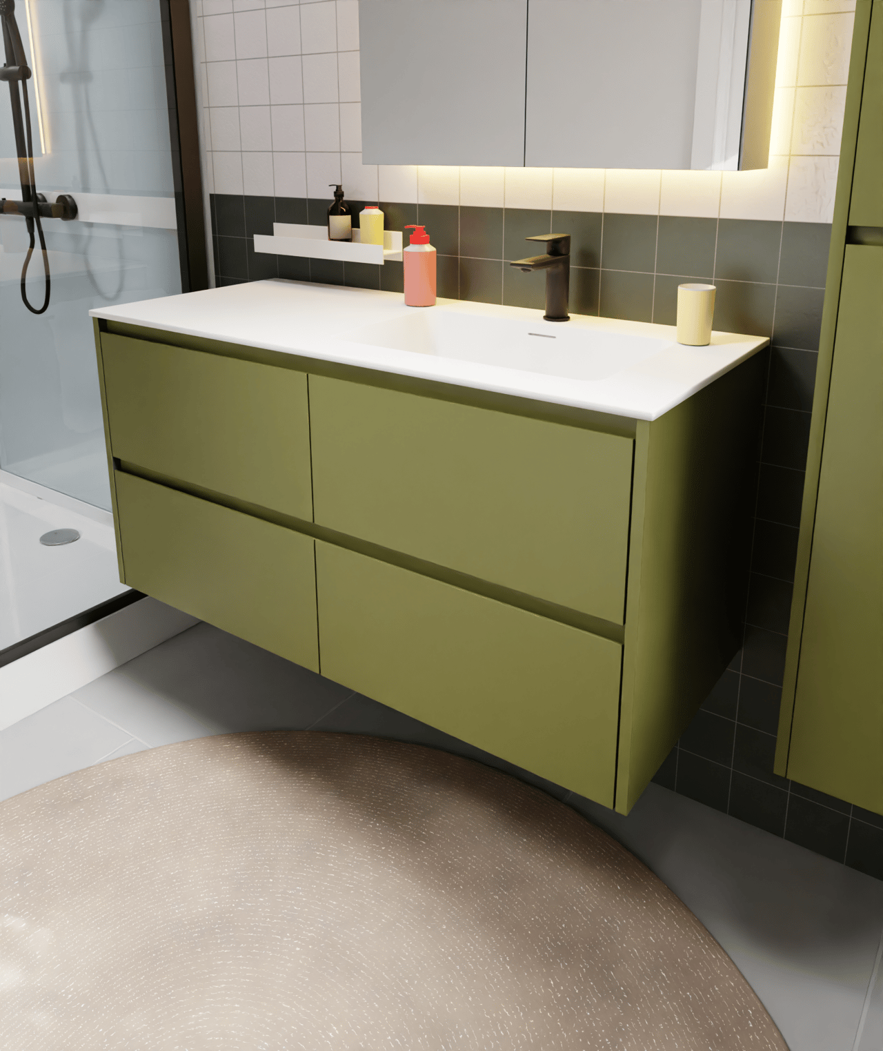 Storke Seda meuble sous-vasque suspendu 120 x 52 cm vert olive 4 tiroirs