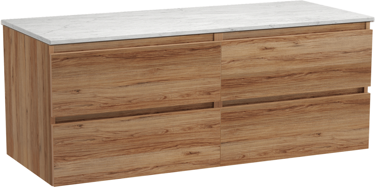 Balmani Lucida zwevend badkamermeubel 135 x 55 cm teak met Stretto enkel of dubbel tablet in marmer carrara