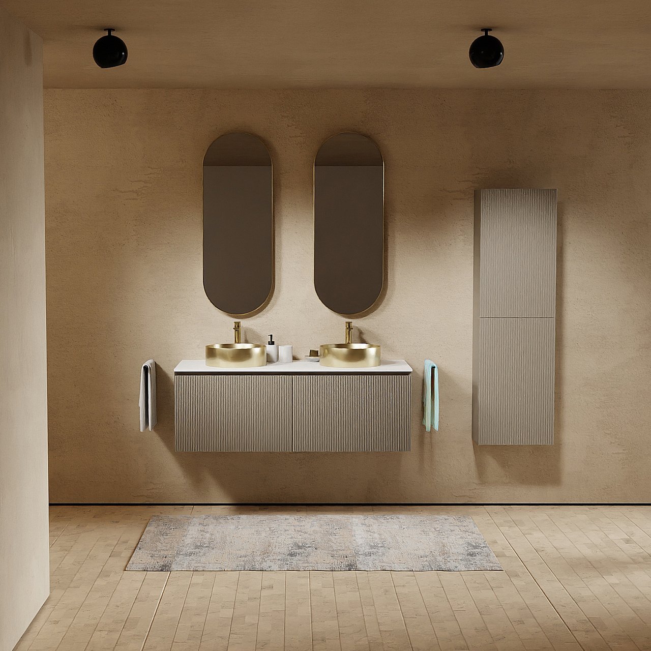 Balmani Fila zwevend badkamermeubel 135 x 55 cm steengrijs met Stretto enkel of dubbel tablet in solid surface mat wit, Verticale symmetrische rechte ribbel