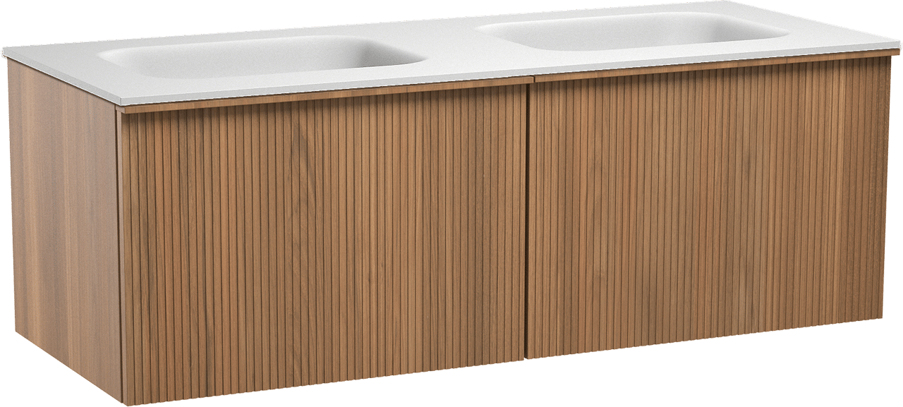 Balmani Forma zwevend badmeubel 135 x 55 cm teakhout met Tablo Arcato dubbele wastafel in solid surface mat wit, Verticale symmetrische rechte ribbel