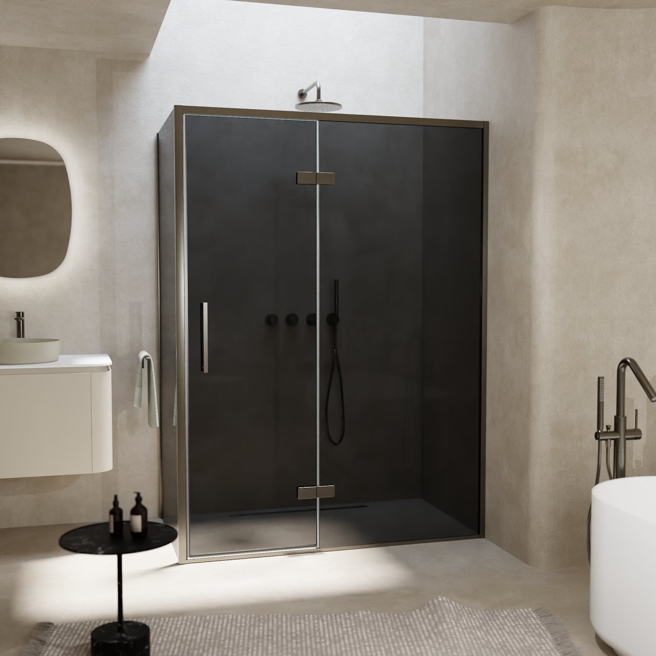 Balmani Senses Design douche en coin avec porte pivotante à droite et paroi latérale fixe, 140 x 90 cm, Verre fumé, Profil Brushed GunMetal, coating inclus, coating inclus