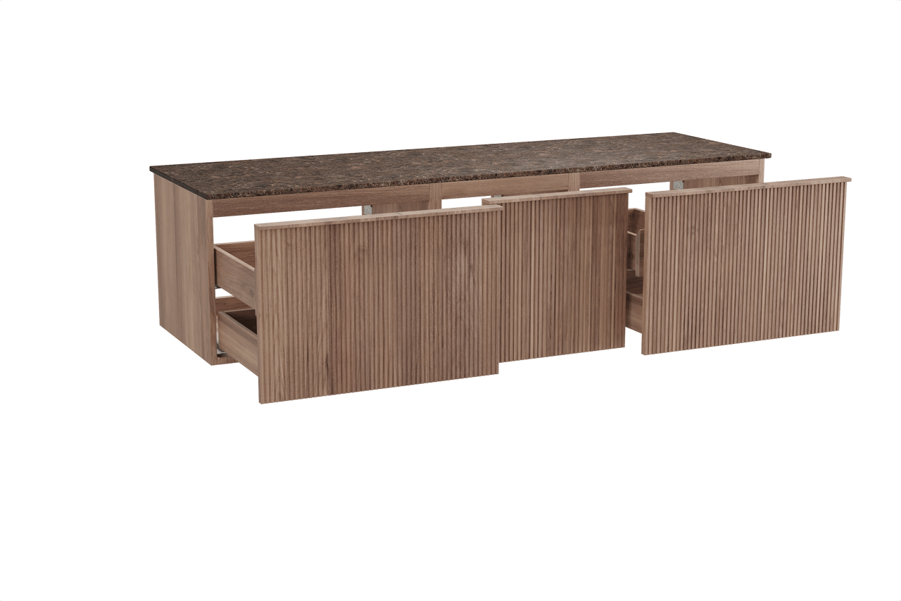 Balmani Forma zwevend badmeubel 180 x 55 cm teakhout met Stretto enkel of dubbel wastafelblad in marmer dark emperador, Verticale symmetrische rechte ribbel