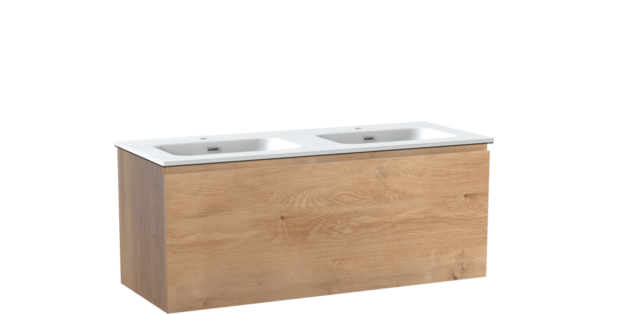 Linie Lado zwevend badkamermeubel 120 x 46 cm natuur eik met Baro dubbele wastafel in porselein mat wit