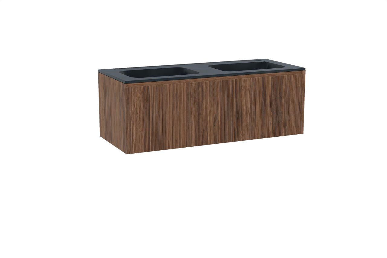 Balmani Fila hängendes Möbelstück Set: 135 x 55 cm, Nussbaum, mit Tablo Strada Doppelwaschtisch, Marmorkomposit, Schwarz matt, Vertikale symmetrische gerade Rippe