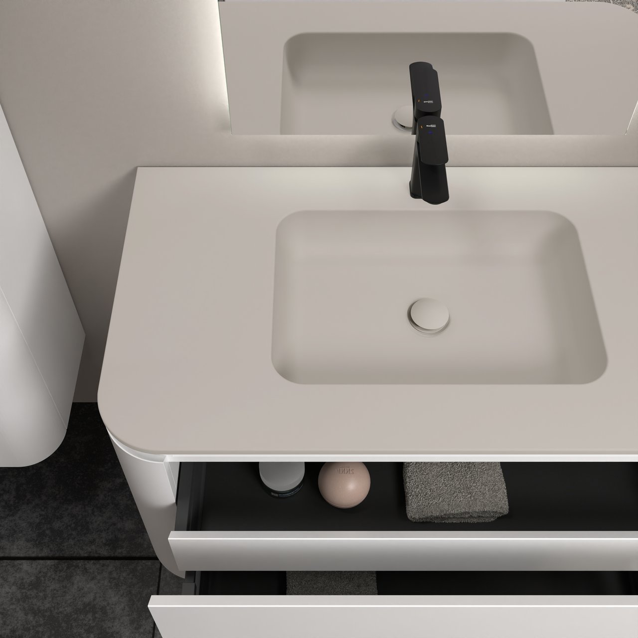 Balmani Moon hängendes Möbelstück Set: 160 x 55 cm, Weiß matt, mit Moon Doppelwaschtisch, Top Solid Seidengrau