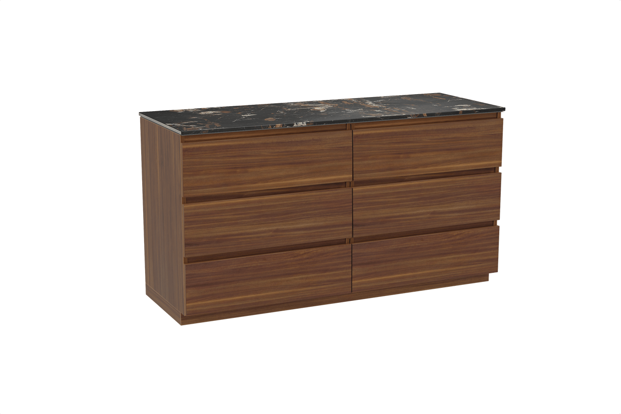 Balmani Lucida freistehendes Möbelstück Set: 150 x 55 cm, Amerikanischer Nussbaum, mit Stretto Einzel- oder Doppel Waschtischplatte, Marmor Portoro Gold