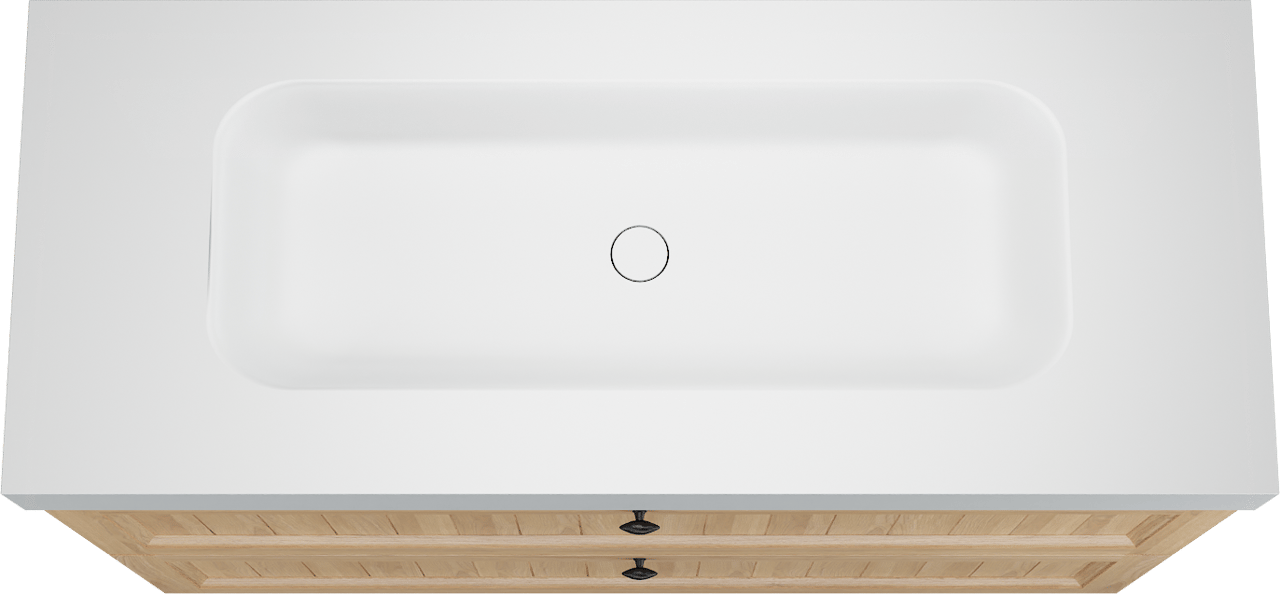 Balmani Lemon staand badkamermeubel 135 x 55 cm, fineer natuur eik met Arcato enkele wastafel voor 2 kraangaten in mat wit