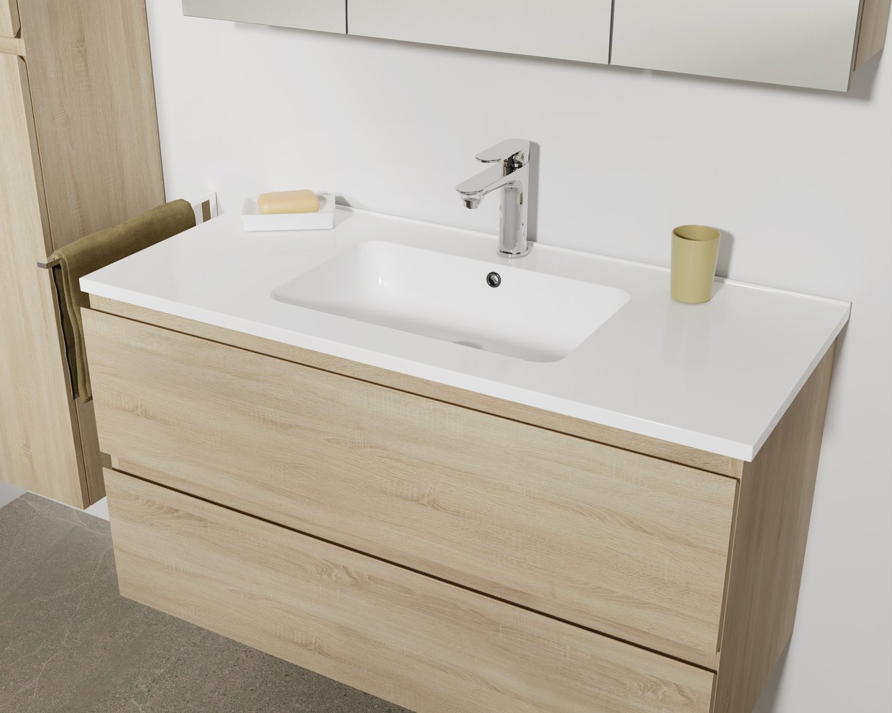 Linie Lado meuble sous-vasque suspendu 100 x 46 cm chêne blanc 2 tiroirs