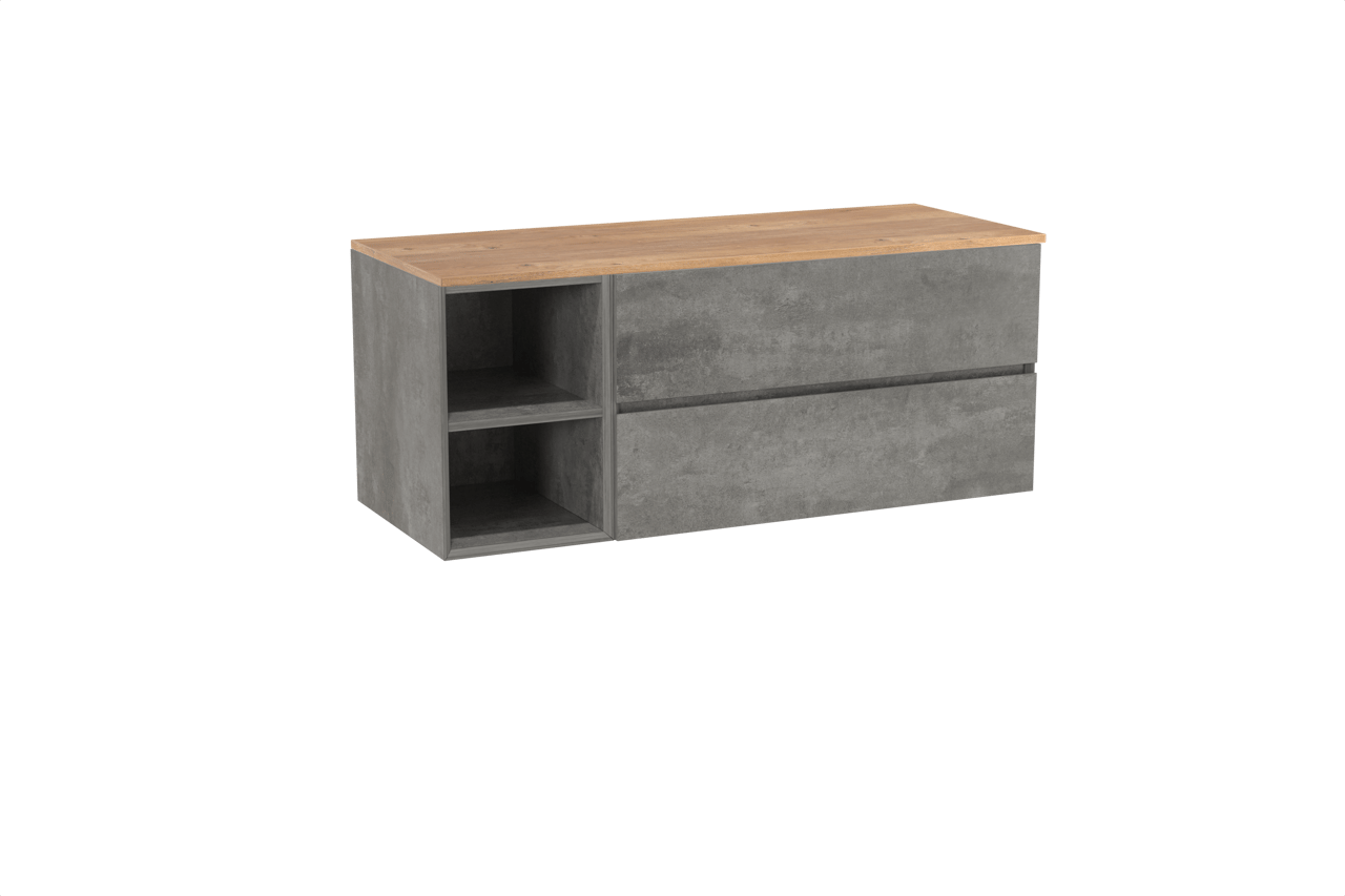 Storke Edge meuble salle de bains suspendu 130 x 52 cm béton gris foncé avec Panton tablette simple ou double en mélaminé chêne brut