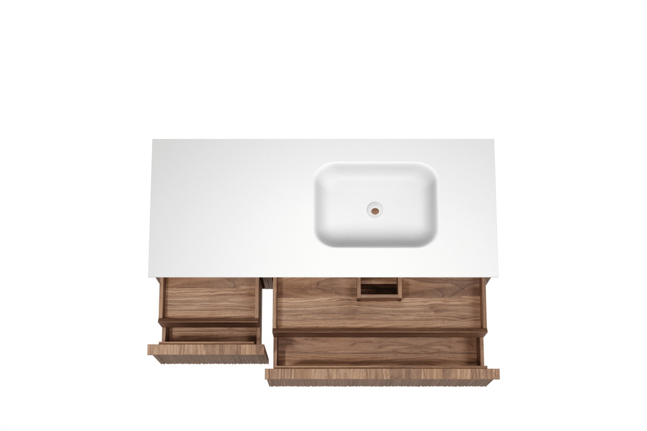 Balmani Forma zwevend badmeubel 135 x 55 cm amerikaans notenhout met Tablo Arcato asymmetrisch rechtse wastafel in solid surface mat wit, Verticale asymmetrische ronde ribbel