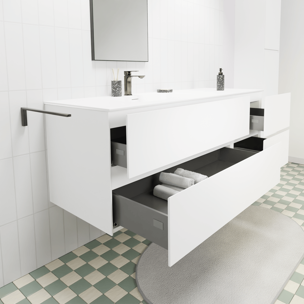 Storke Edge hängendes Möbelstück Set: 150 x 52 cm, Weiß matt, mit Mata Waschtisch links, Solid Surface Weiß matt