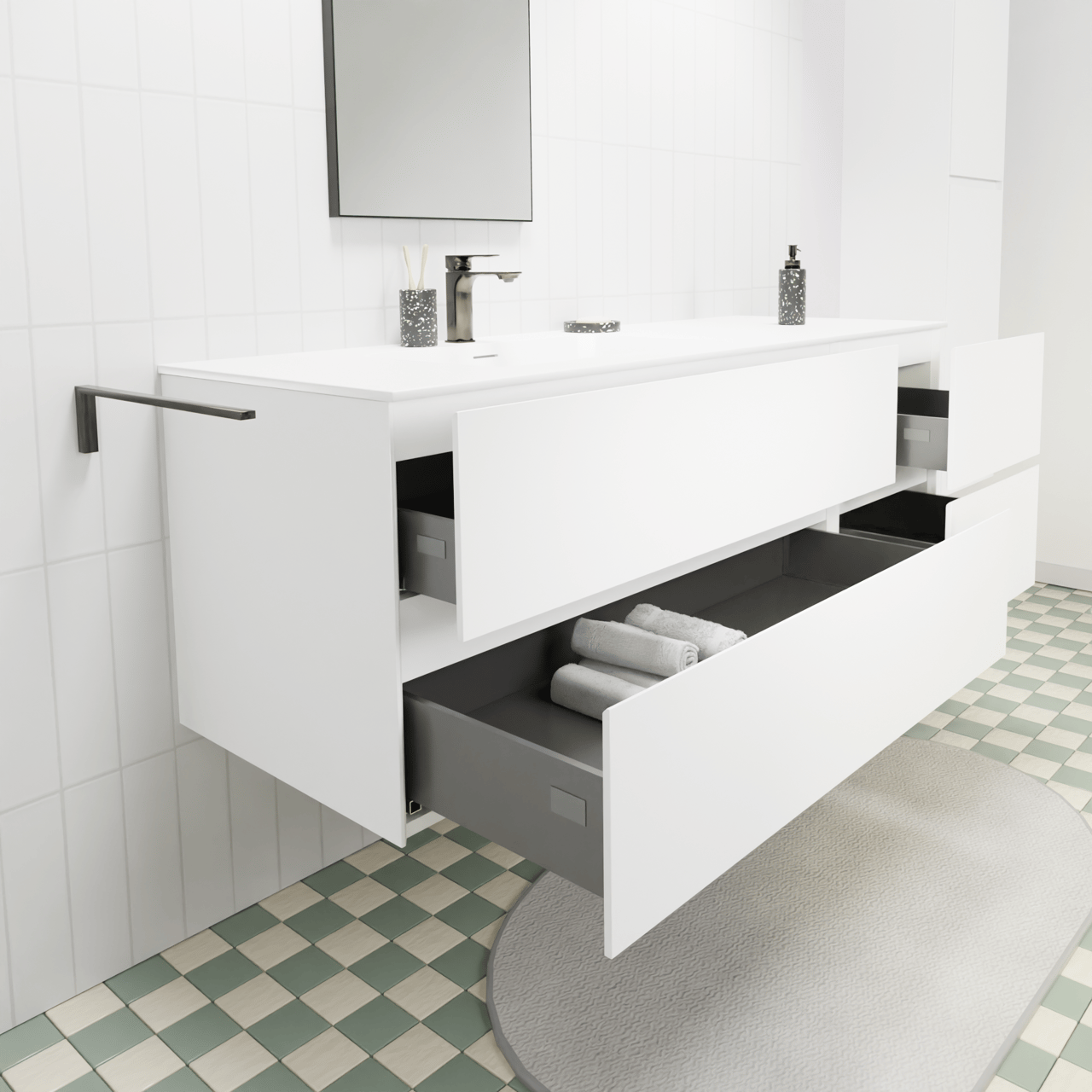 Storke Edge zwevend badmeubel 150 x 52 cm mat wit met Mata asymmetrisch linkse wastafel in solid surface mat wit