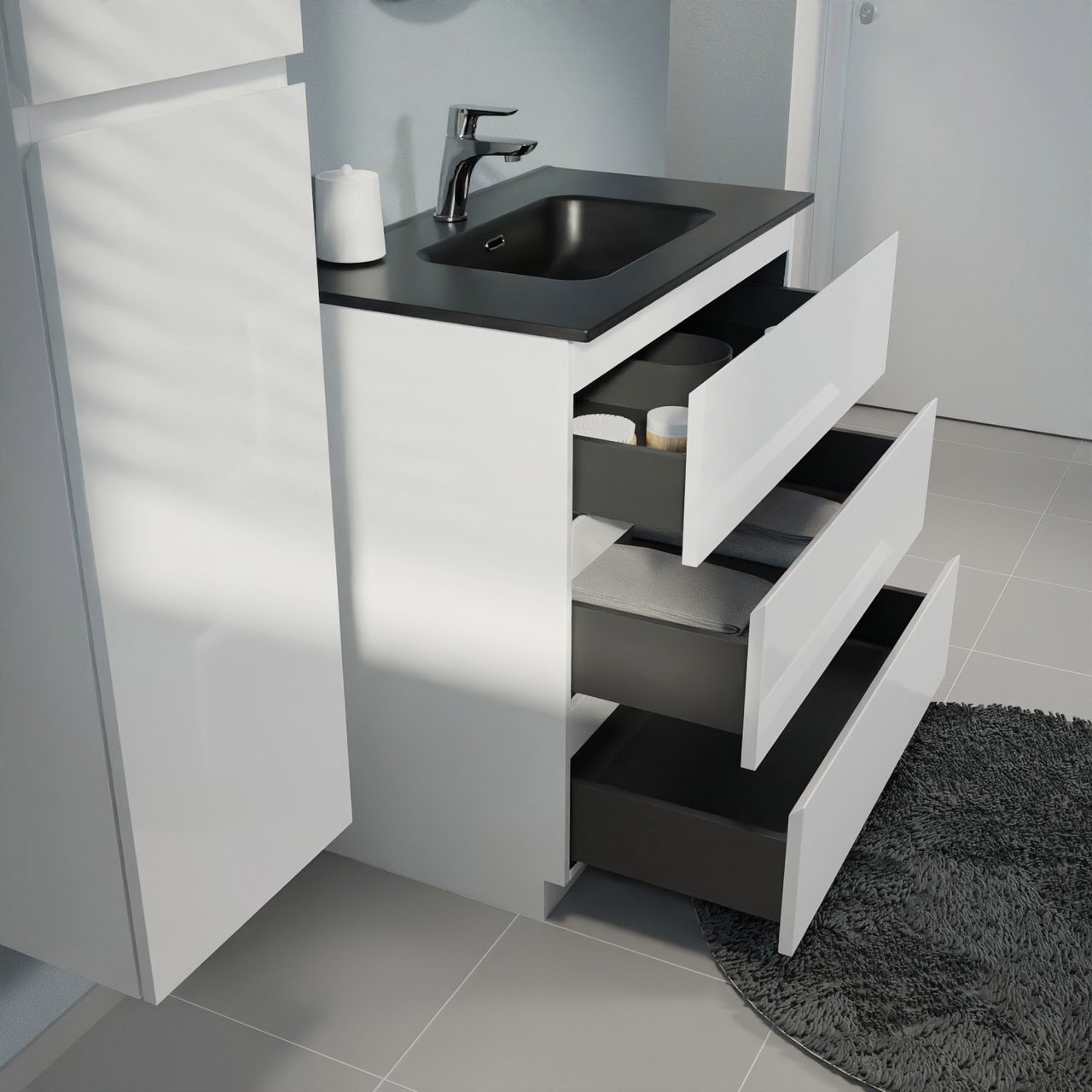 Linie Lado meuble salle de bains à poser 80 x 46 cm blanc brillant avec Baro plan simple en porcelaine noir mat