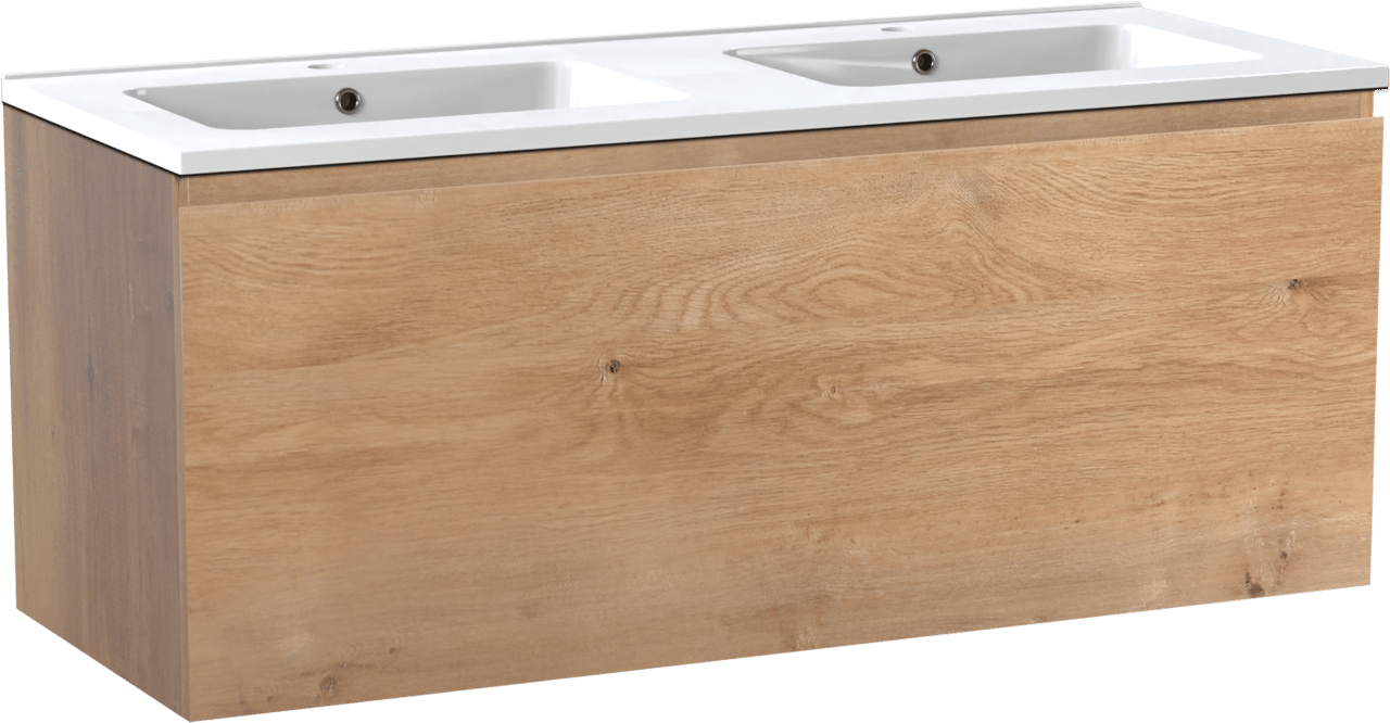Linie Lado zwevend badmeubel 120 x 46 cm naturel eiken met Vano dubbele wastafel in composietmarmer hoogglans wit