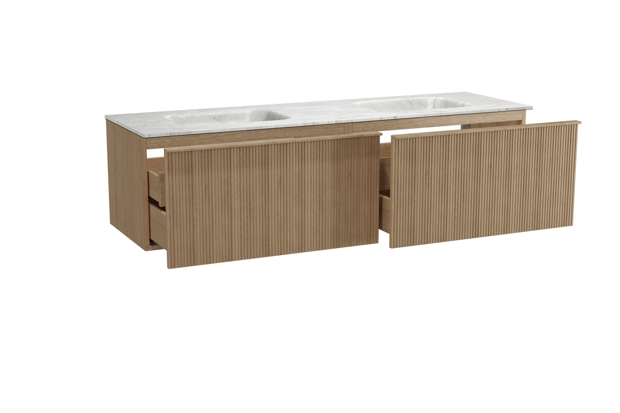 Balmani Forma zwevend badmeubel 180 x 55 cm naturel eiken met Tablo Arcato dubbele wastafel in marmer carrara, Verticale symmetrische rechte ribbel