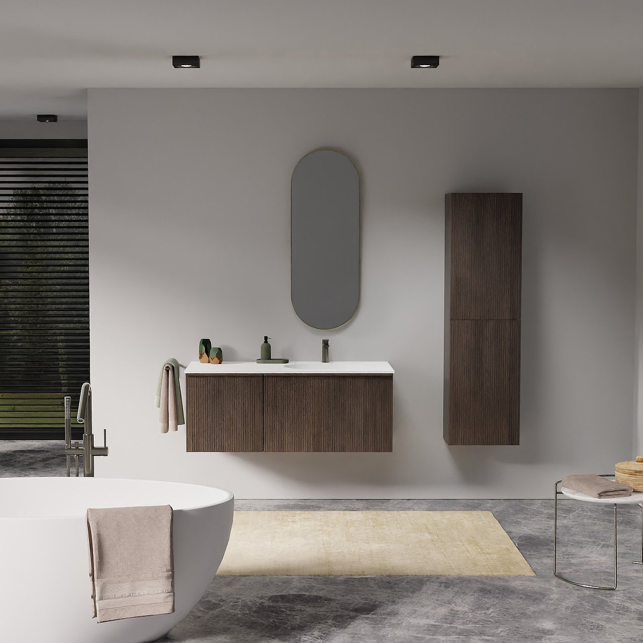 Balmani Forma meuble salle de bains suspendu 120 x 55 cm chêne fumé avec Tablo Oval vasque asymétrique droite en solid surface blanc mat, Nervure droite symétrique verticale