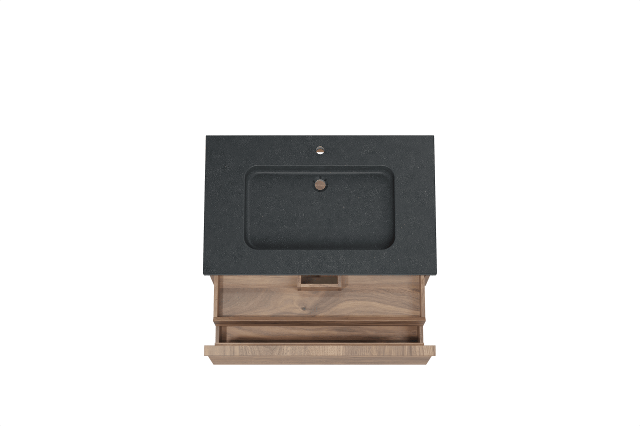 Balmani Forma zwevend badkamermeubel 90 x 55 cm amerikaanse notelaar met Napoli enkele wastafel in graniet zwart, Horizontale symmetrische rechte ribbel