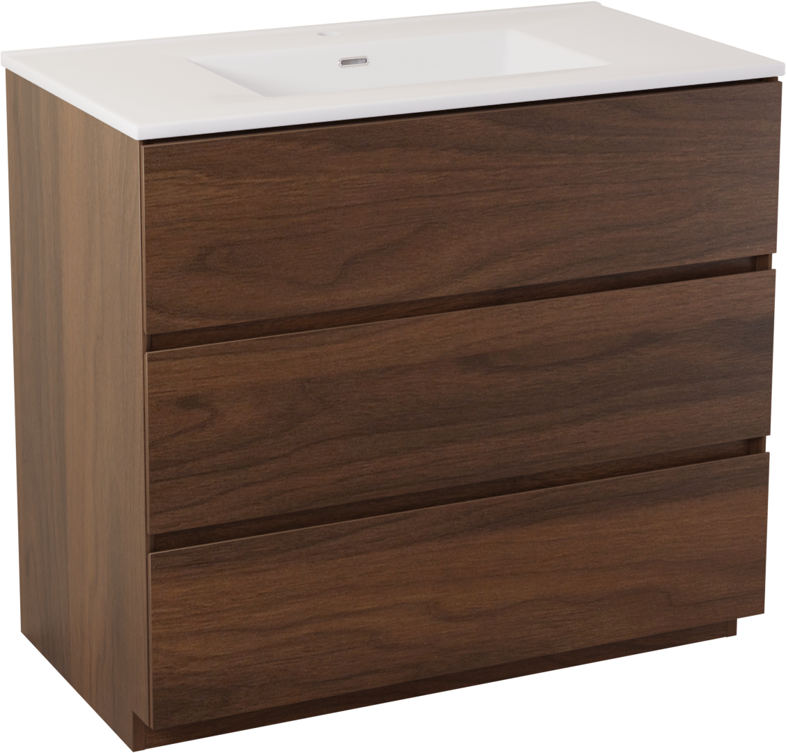 Storke Edge meuble salle de bains à poser 95 x 52 cm noyer avec Kera plan simple en céramique blanc brillant, crépine incluse