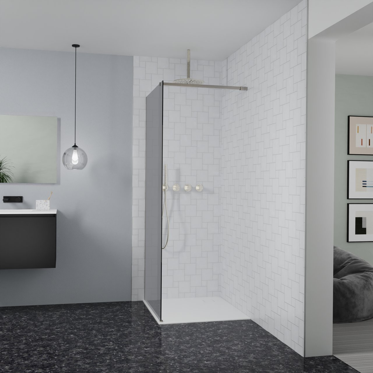 Balmani Modular douche à l'italienne: 90 x 200 cm, Verre fumé, avec coating, Profil Brushed CoolMetal