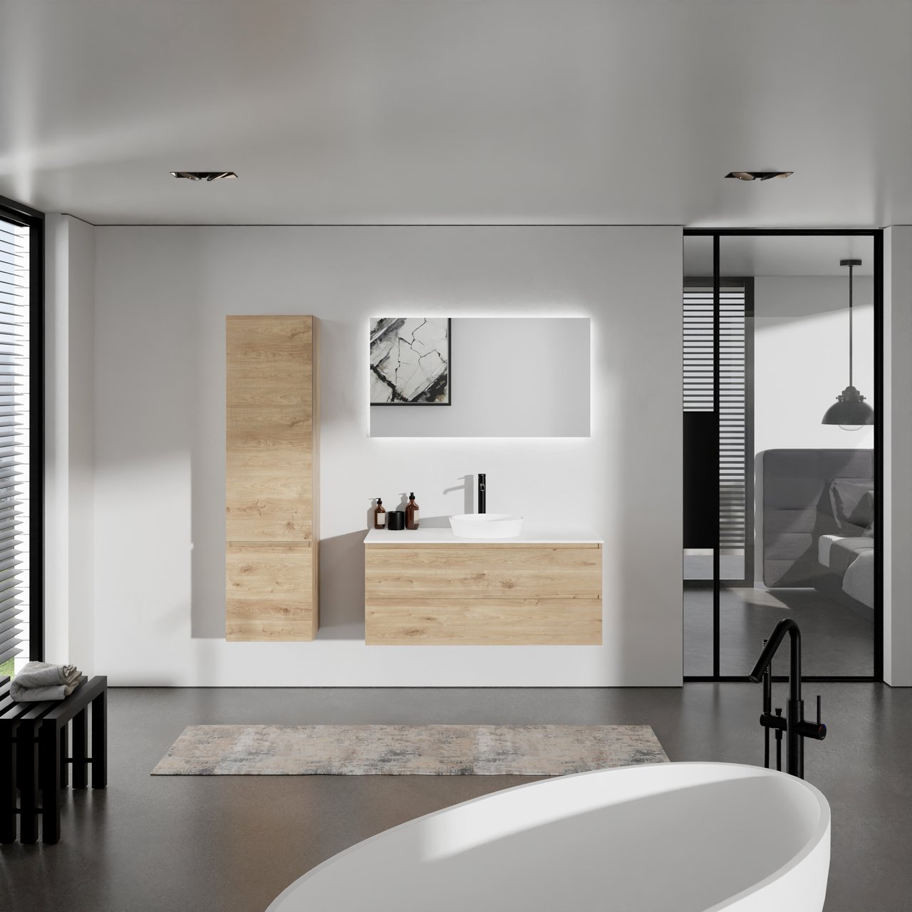 Balmani Lucida meuble salle de bains suspendu 120 x 55 cm chêne brut avec Stretto tablette simple ou double en solid surface blanc mat