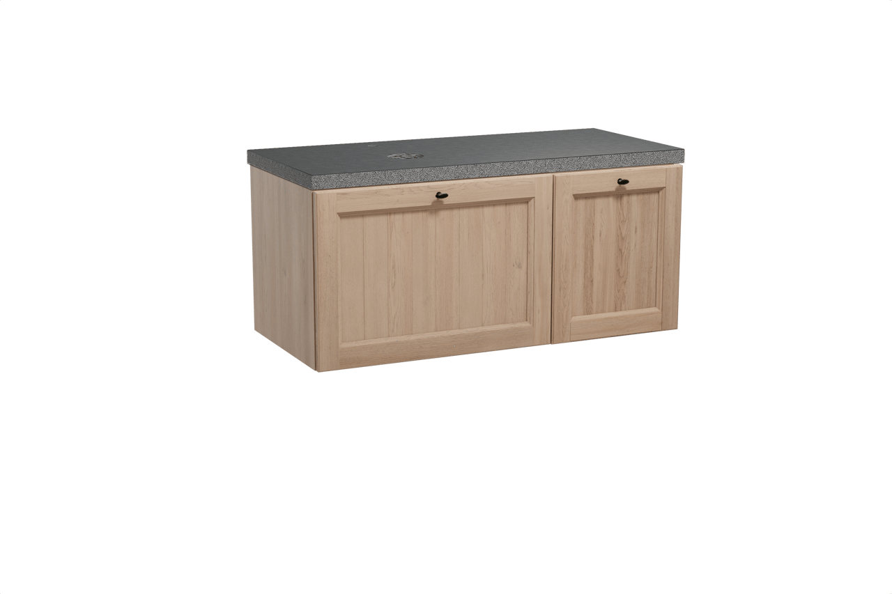 Balmani Lemon hängendes Möbelstück Set: 120 x 55 cm, Verwitterte Eiche, mit Rock Waschtisch links, Schwarzes Granit