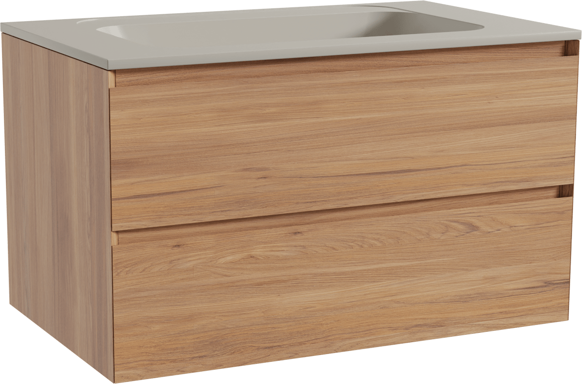 Balmani Mitra meuble salle de bains suspendu 90 x 55 cm teck avec Tablo Strada plan simple en marbre composite soie grise